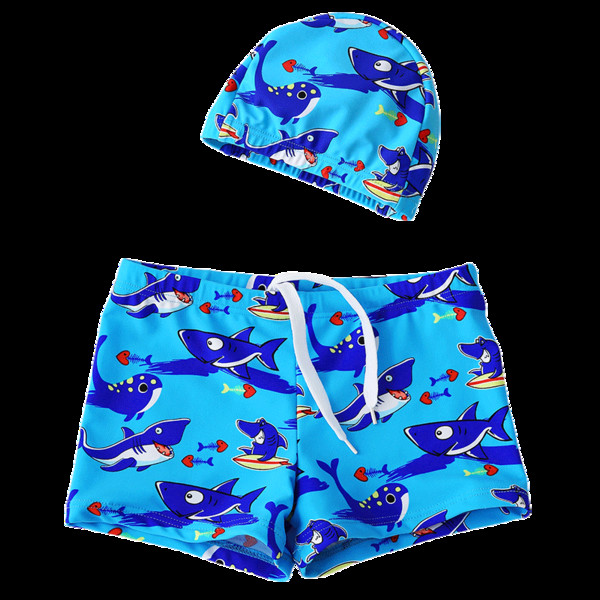 Детски бански за момчета в син цвят с апликация акули
