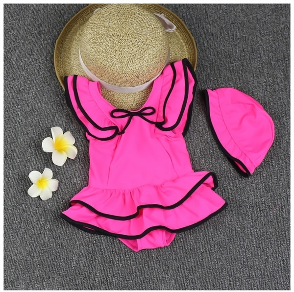 Costum de baie intreg pentru copii de culoare deschisa cu volane si panglica