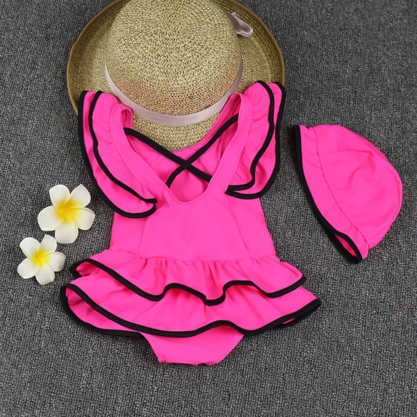 Costum de baie intreg pentru copii de culoare deschisa cu volane si panglica