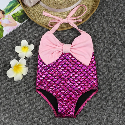 Детски цял бански в два цвята с панделка