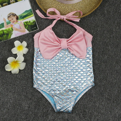 Детски цял бански в два цвята с панделка