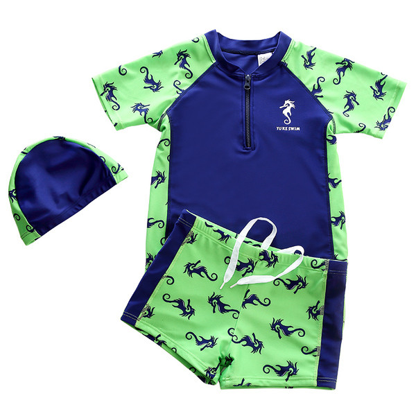 Costum de baie copii pentru baieti in doua culori cu aplicatie