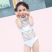 Costum de baie intreg pentru copii cu broderie in alb