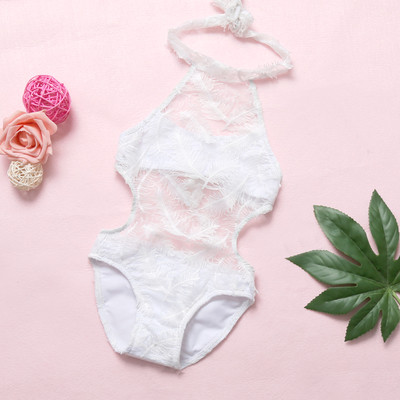 Costum de baie intreg pentru copii cu broderie in alb