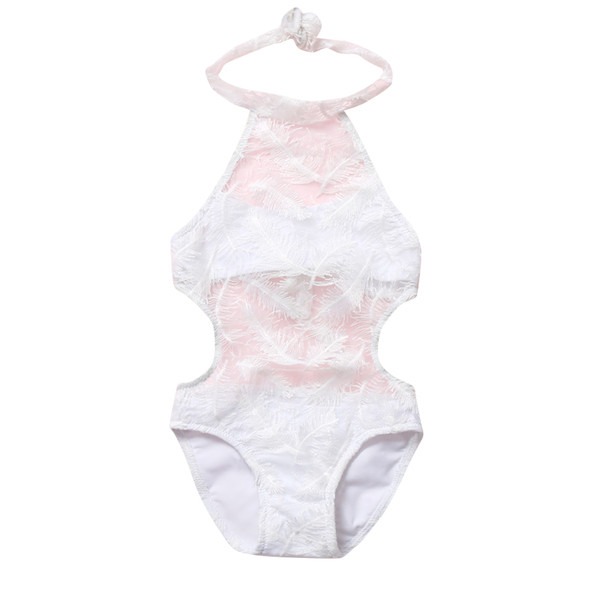 Costum de baie intreg pentru copii cu broderie in alb