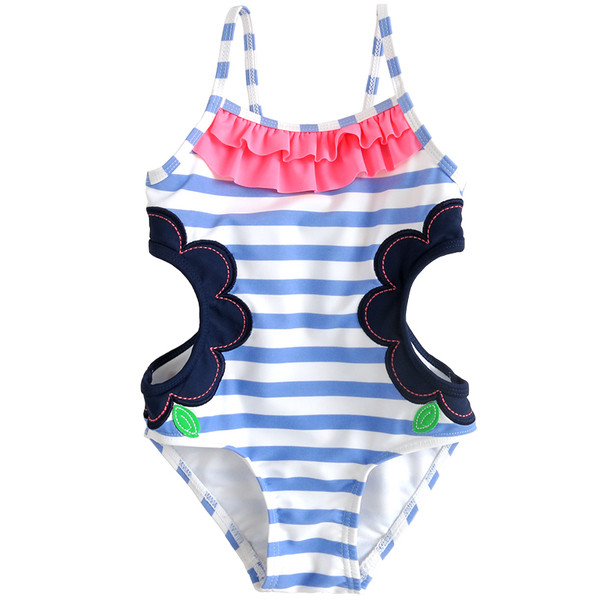 Costum de baie intreg pentru copii cu decor floral si volane