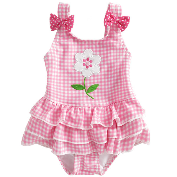 Costum de baie intreg pentru fete in trei culori cu decor floral