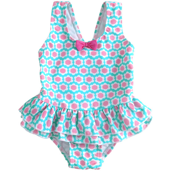 Costum de baie intreg pentru copii de culoare deschisa cu decor floral si panglica