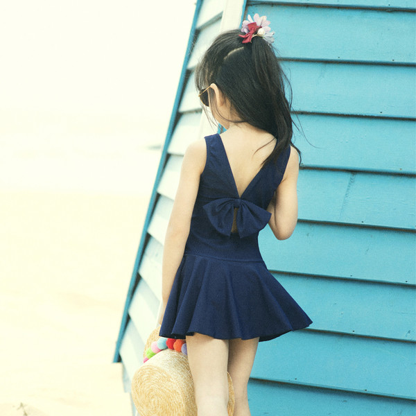 Costum de baie intreg pentru copii cu panglica in trei culori