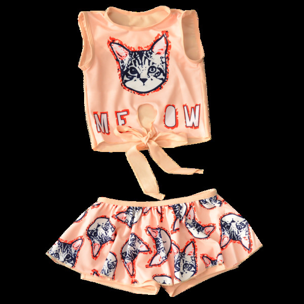 Παιδικά μοντέρνα μαγιό για κορίτσια - μπλούζα με κορδέλα και σορτς με εκτύπωση