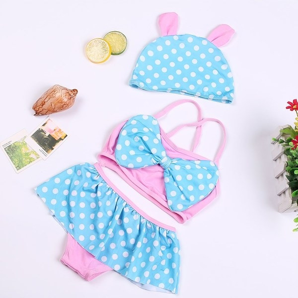 Costum de baie pentru copii in trei parti cu panglica in doua culori