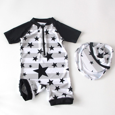 Costum de baie intreg pentru copii cu fermoar si palarie pentru baieti