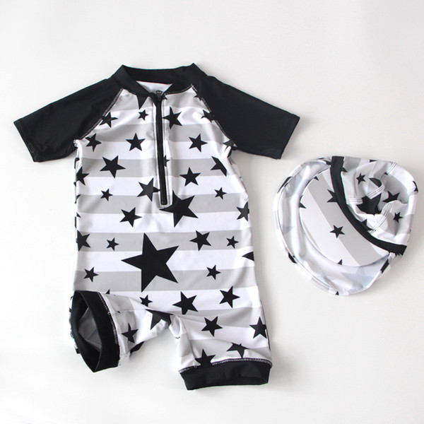 Costum de baie intreg pentru copii cu fermoar si palarie pentru baieti