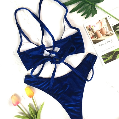 Costum de baie de damă la modă din catifea în patru culori cu cravate