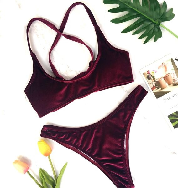 Costum de baie de damă la modă din catifea în patru culori cu cravate