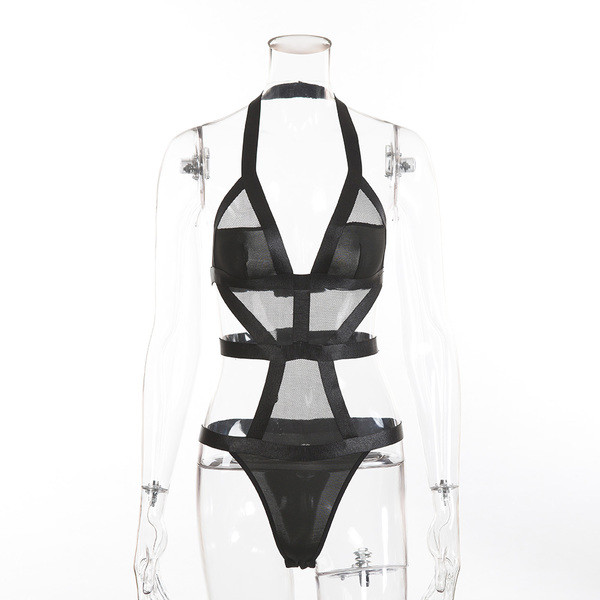 Costum de baie elegant pentru femei - croit puternic cu motive transparente și panglici