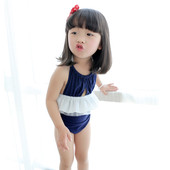 Costum de baie intreg pentru copii in albastru cu dantela