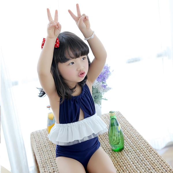 Costum de baie intreg pentru copii in albastru cu dantela