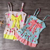 Costum de baie intreg pentru copii cu imprimeu in mai multe culori si cu bretele reglabile