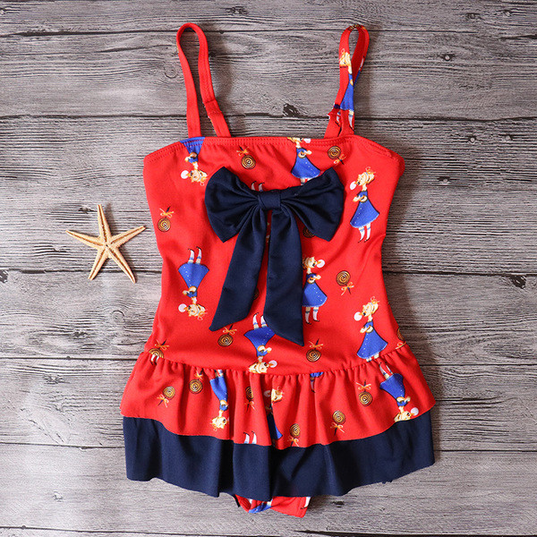 Costum de baie intreg pentru copii cu imprimeu in mai multe culori si cu bretele reglabile