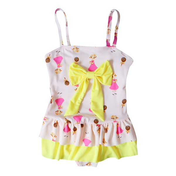 Costum de baie intreg pentru copii cu imprimeu in mai multe culori si cu bretele reglabile