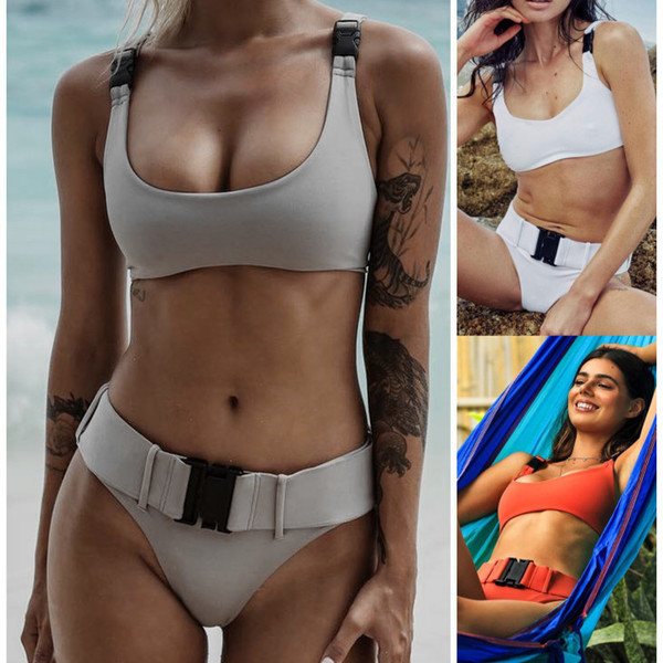 2018-as női fürdőruha két részből, széles övvel három színben