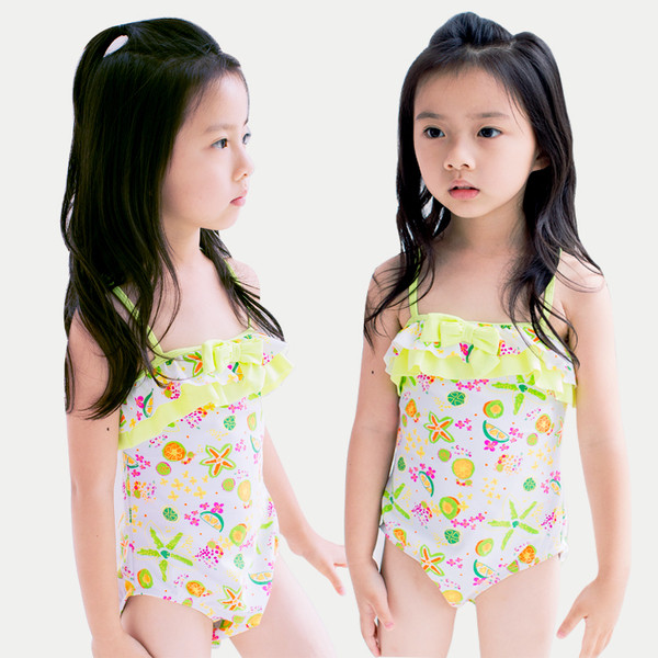 Costum de baie intreg pentru copii alb cu motive colorate