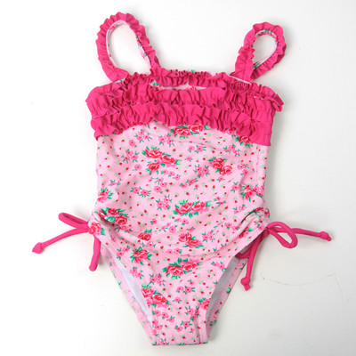 Costum de baie modern pentru copii de culoare deschisă cu motive florale și legături laterale