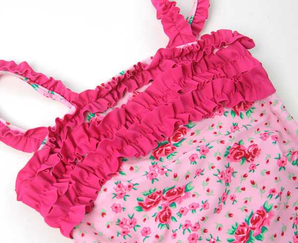 Costum de baie modern pentru copii de culoare deschisă cu motive florale și legături laterale