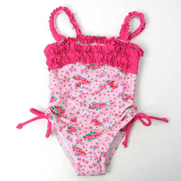 Costum de baie modern pentru copii de culoare deschisă cu motive florale și legături laterale