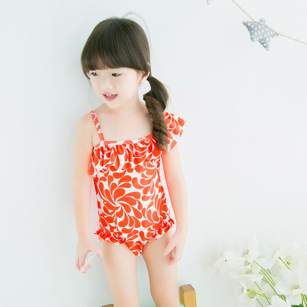 Costum de baie intreg pentru copii alb cu motive florale colorate