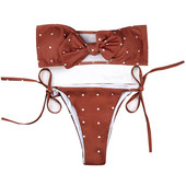 Costum de baie modern din două piese cu panglică și imprimeu maro