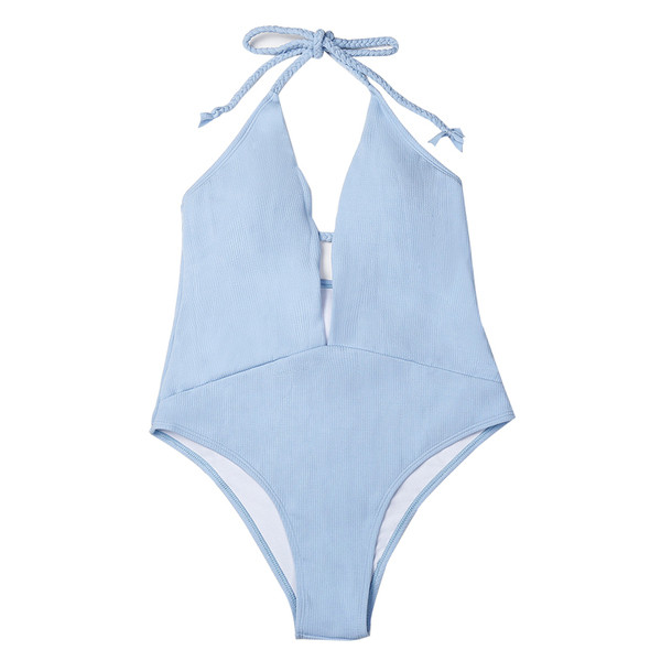 Costum de baie simplu pentru femei, de culoare albastru deschis, cu un decolteu adânc și tampoane