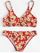 Costum de baie de damă cu imprimeu floral în două părți în roșu și verde