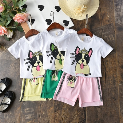 Детски комплект за момичета - тениска с къс ръкав и къси панталони с щампа на животно
