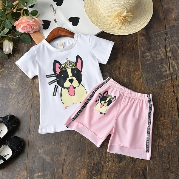 Set copii pentru fete - tricou cu maneca scurta si pantaloni scurti cu animal print