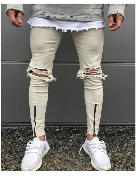 Blugi Slim pentru bărbați cu decor cu fermoar și găuri în două culori