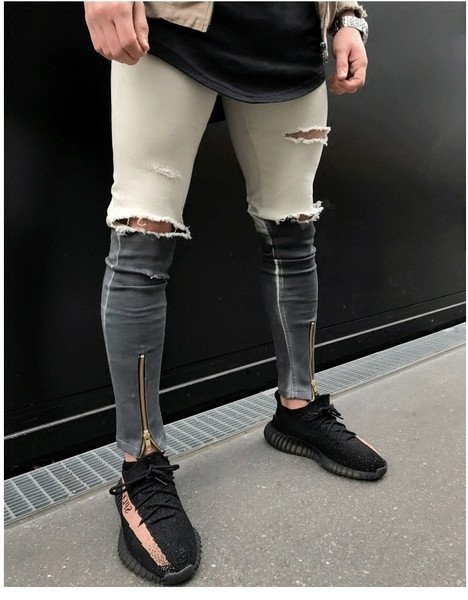 Blugi Slim pentru bărbați cu decor cu fermoar și găuri în două culori