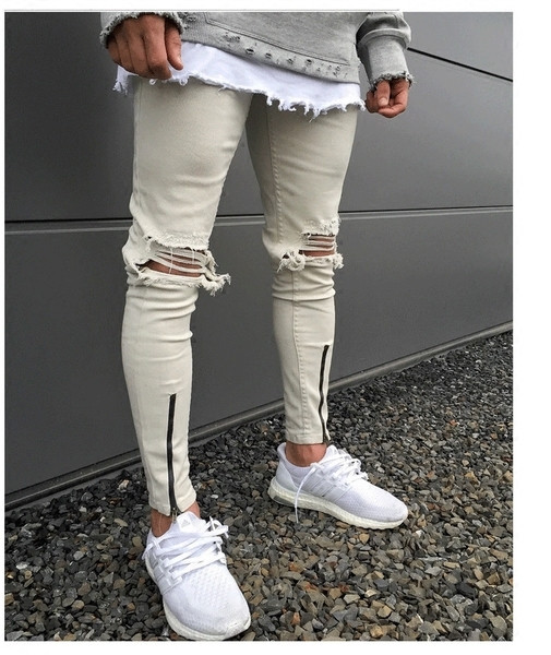 Blugi Slim pentru bărbați cu decor cu fermoar și găuri în două culori