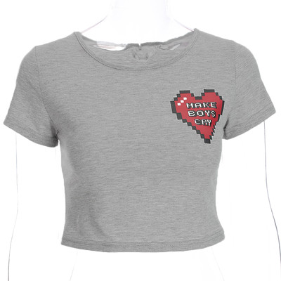 Καθημερινή απλή γυναικεία T-shirt - σύντομη, σε γκρι χρώμα με εκτύπωση