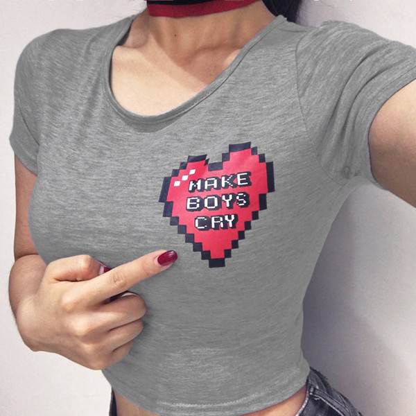 Καθημερινή απλή γυναικεία T-shirt - σύντομη, σε γκρι χρώμα με εκτύπωση