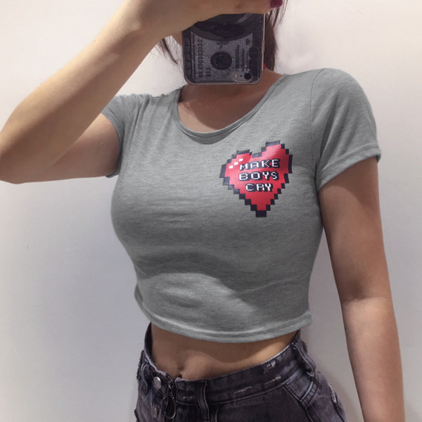 Καθημερινή απλή γυναικεία T-shirt - σύντομη, σε γκρι χρώμα με εκτύπωση