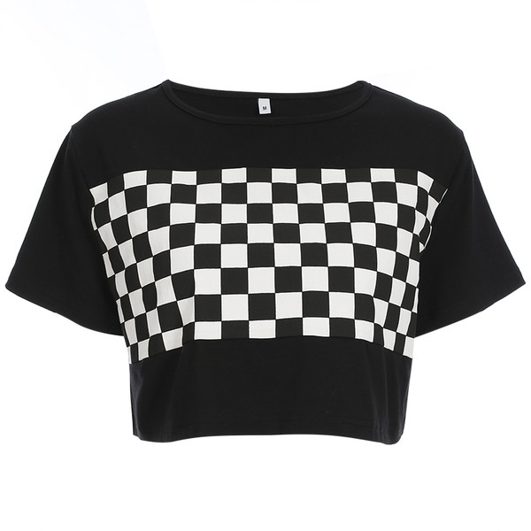 Tricou scurt de dama de culoare neagra cu imprimeu in carouri