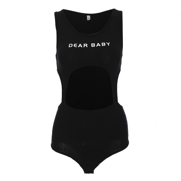 Body de damă elegant cu motiv deschis, decolteu O și inscripție, în negru