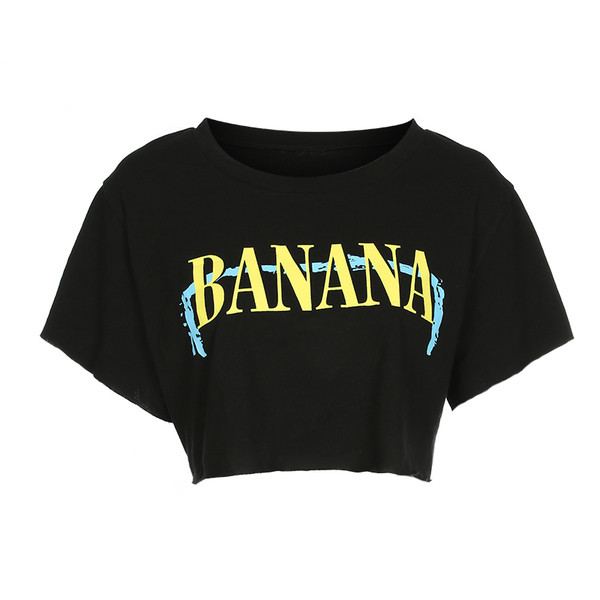 Tricou scurt de damă negru cu inscripție și decolteu O