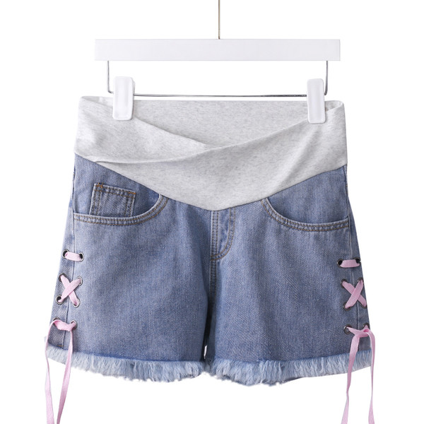 Σύντομα παντελόνια τζιν με διακοσμητικούς δεσμούς για έγκυες γυναίκες σε δύο χρώματα