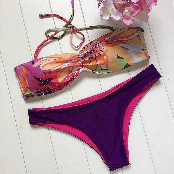Дамски бански от две части - горнище във флорален мотив с връзки