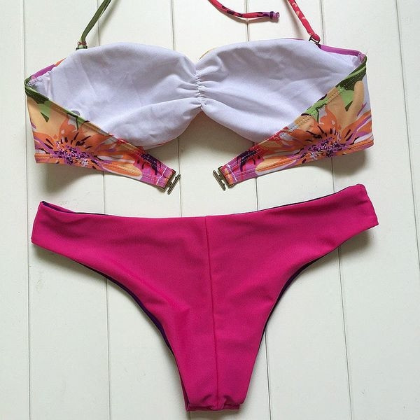 Дамски бански от две части - горнище във флорален мотив с връзки