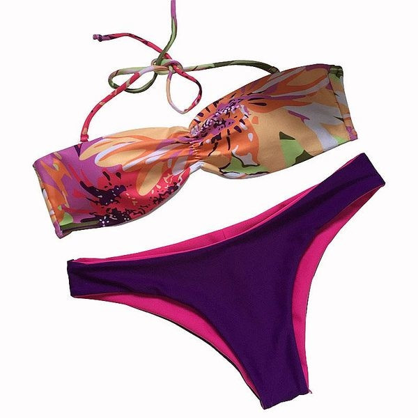 Дамски бански от две части - горнище във флорален мотив с връзки