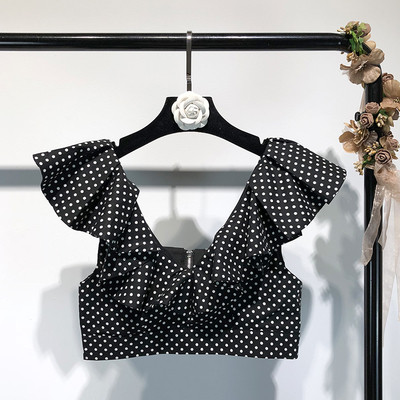 Стилно дамско бюстие с ръкави в черен цвят на точки